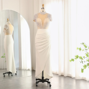 Elegant 2024 Wedding Evening Formal Dress High Neck Beaded Pearls Short Sleevevs Women Soft Satin Prom Party Gowns Birthday Wear
