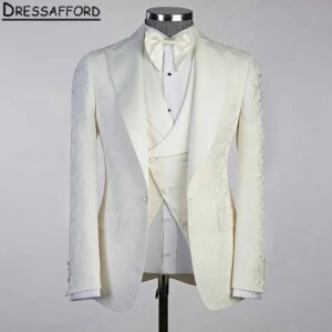 Ivory Jacquard Formal Men Suits Three Pieces Evening Party Blazer Groom Wear ( Jacket+Vest+Pants )