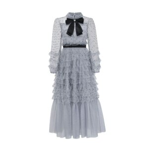 Women’s Mesh Tulle Polka Dots Long Sleeve Party Evening Midi Dress