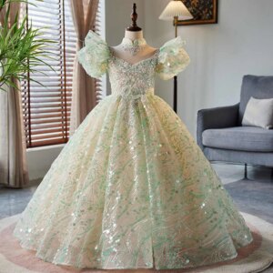3-6T Girl’s Light Green Flower Girl Dress Tulle Stand Collar Princess Dress Children Luxury Sequins Birthday Party Vestido