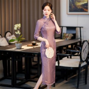 Improved High-End Quality Real Silk Cheongsam Qipao Women’s Retro Cropped Sleeves Dress Long Chinese Chi-Pao
