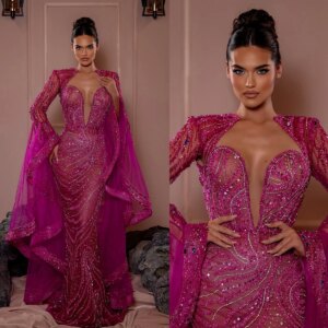 Fashion Sequins Evening Dresses Rhinestone Prom Dress Beading Flare sleeve See Through Mermaid Party Gowns Vestidos De Noche