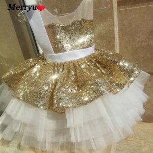 Shinny Sequined Flower Girls Dress for Kids with Belt Toddle Party Gown Layered Tutu Dress