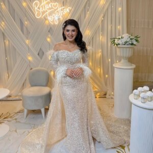 Champagne Sequined Prom Dresses Mermaid With Detachable Train Luxury Dubai Crystal Feathers Long Sleeve Evening Dress Women 2025