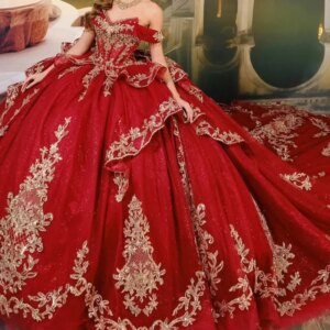 Customized Shiny Red Off Shoulder Quinceanera Dress Tull applique Lace ruffle beads Long tail vestidos de 15 Quinceanera
