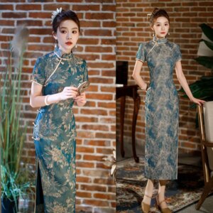 Old Shanghai Retro Ethnic Style Middle-Aged and Elderly Women plus Size Long Cheongsam Qi Pao Spring New Spinning Jacquard