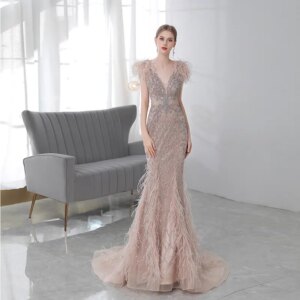 Beated Evening dress, pink siren dress with feathers
