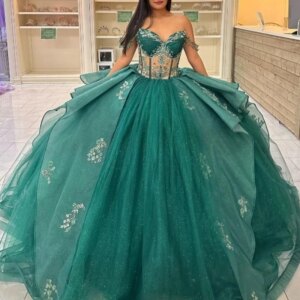 Emerald Green Shiny Quinceanera Dresses for Sweet 15 Year Sexy Off the Shoulder Puffy Ball Gown Lace Appliques Princess Gowns