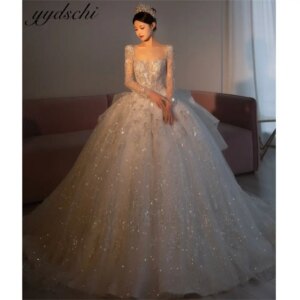 Luxury O-Neck Appliques Illusion Full Sleeves Glitter Wedding Dresses For Women 2025 Court Train Bride Gown vestidos de novia