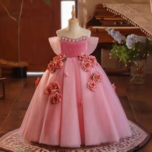 Jill Wish Luxury Pink Girl Dress Handmade Flowers Arabic for Princess Kids Birthday Wedding Party Pageant Holiday Gown J040