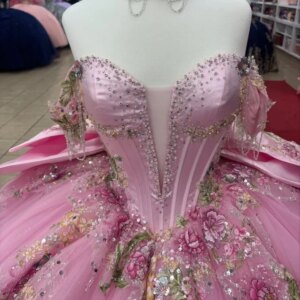 Customized Shiny Pink Off Shoulder Quinceanera Dress sequin applique crystal 3D flower Long tail Bow vestidos de 15 Quinceanera