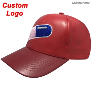 Custom Baseball Caps Red PU Leather Basketball Tennis Golf HipHop Curved Brim Out Door Tourist Athlete Snapback Sportor Hat