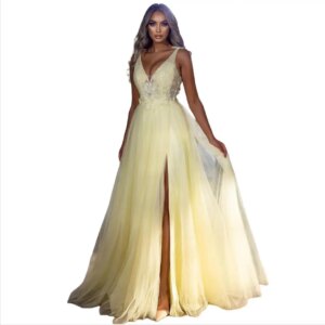 Light Yellow Prom Dresses فساتين سهرة V Neck Side Slit Maxi Gown Lace Wedding Party Dress bestidos de gala
