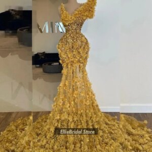 Handmade Flowers Evening Dresses For African Girls Long Mermaid Prom Gown Sequin Beaded Wedding Party Dress Luxury Customized