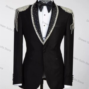 Luxury Beading Men Suit Pants Set 2 Piece Black Blazer+Trousers Customized Formal Office Jacket Groom Wedding Tuxedos Prom Coat