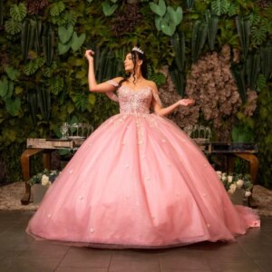 Customized Shiny Pink Quinceanera Dress Tull beads applique flower gemstone crystal Lace vestidos de 15 Quinceanera