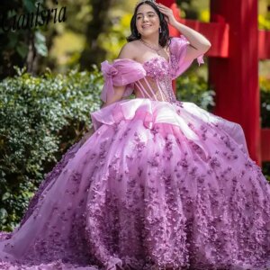 Lilac Off The Shoulder Ruffles Quinceanera Dresses Ball Gown 3D Floral Lace Sweet 15 Años Mexican Customized