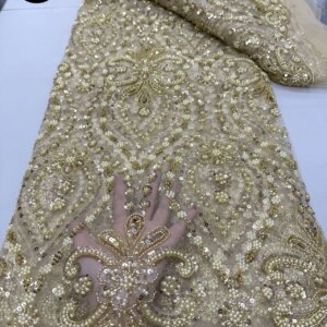 African Heavy Beads Tulle Lace Fabric 2025 High Quality Lace French Luxury Sequins Beaded Lace Fabric For Wedding Dress 5 Yards