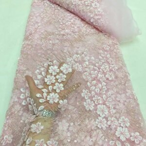Luxury African Beads Lace Fabric 2024 High Quality French Blue Embroidery Sequins Lace Fabrics For Christmas Party Sewing Dp