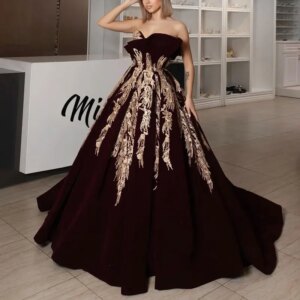 Long Elegant Women Strapless Evening Dresses for Women New Arrival Gold Lace Arabic Dubai Ladies Party Formal Evening Gown