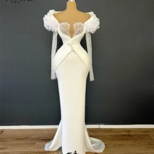 Long Ivory Pearls Mermaid Evening Dresses Bead Crystal Party Gown Dubai Elegant Wedding Dress Customized Night Gown Formal Gala