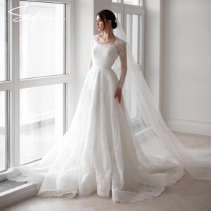 New Evening Wedding Dresses For Women Bridal Dress Exquisite Sexy Square Neck Long Sleeves Vestidos Fluffy Princess Bride Gowns