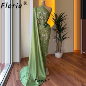 Luxury Arabic Beaded Mermaid Evening Dress Green Flower Appliques Lace 3D Party Dresses Long Shawl Customized Gala Celebrity