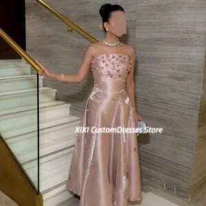 Customized Dubai Luxury Evening Dress A-Line Strapless Floor-Length Dresses For Special Events Flowers Zipper Up Prom Dresses