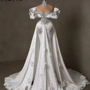 New Arrivals 2 Pieces Pearls Crystal Mermaid Wedding Dress with Detachabble Chapel Tain Vestido De Noiva Dubai Woman Gorgeous