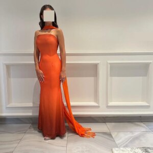 Customized  Modern Strapless Chiffon Sleeveless Ribbons Evening Dresses Elegant Ankle Length Celebrity Gowns Vestido De