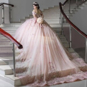 Customized Luxury Pink Quinceanera Dress 2025 Long Train 3D Floral Ball Gown Sweet 16 Dress Birthday Pricess Vestidos 15 Anos