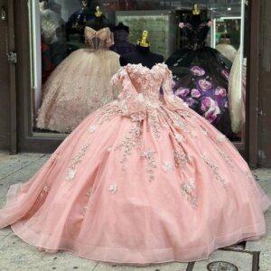 Pink Shiny Quinceanera Dresses for 15 Year Ball Gown Sexy Off the Shoulder Applique Lace Beads Tull Long Party Dress for Girl