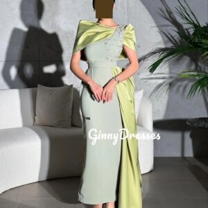 Customized Wedding Dress Scoop Neckline Beadings Zipper Up Luxury Evening Dresses Short Sleeves Column Ankle-Length Prom Dresses