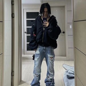 Joint-Name Slightly Damaged Ripped Tassel Cat Washed Jeans