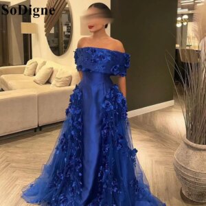 SoDigne Royal Blue Off Shoulder Graceful Evening Dresses A-Line Lace Appliques Flowers 2024 Backless Party Prom Gown for Women