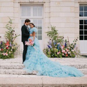 Farirytale Sky Big Volume Layered Tulle Long Bridal Dress Double V-neck Garden Party Dress Blue Colored Wedding Dresses
