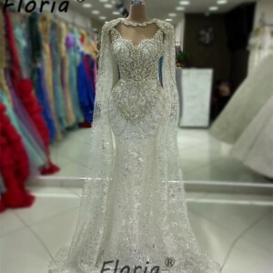 Dubai Arabic Crystal Beads Cape Sleeves Wedding Dress Heavy Rhinestones Customize Mermaid Bridal Dress Long Evening Party Gowns