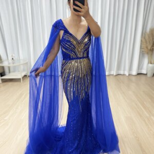 MYMB Saudi Luxury Blue Mermaid Beaded Luxury Evening Dress Cape Sleeves for Women Wedding party Formal Occasion new MB40391