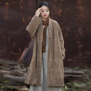 Winter Ramie Handmade Tie-Dyed Fried Color Distressed Cotton Padded Thickened Zen Wandering and Linen Women’s Clothing Long Coat