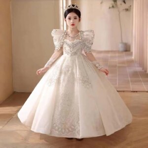 Dreamy Vow Luxury White Flower Girl Dress Beads Pearls Dubai Kids Princess Birthday Wedding Party Ball Evening Gown 2025 J112