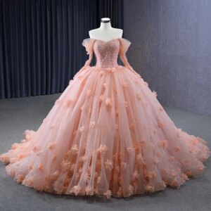 Light Pink Princess Ball Gown Quinceanera Dresses 3D Flora Lace Beads Tull Long Sleeves Birthday Party Dress Vestidos De 15 Anos