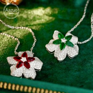 Aazuo Fine Jewerly 18K White Gold Natural Ruby Emerald Real Diamond Flower Shape Necklace Gifted For Women Birtthday Party