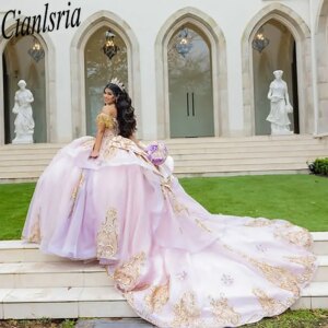 Pink Off The Shoulder Ruffles Quinceanera Dresses Ball Gown Beading Tassel Gold Appliques Lace Sweet 15 Años Mexican Customized