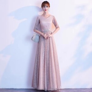 Khaki Party Dress V-neck Sleeve Sequined Pleated A-line Skirt Formal Dress Women Elegant Fashion Simple Evening Dresses 2025 New