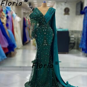 Long Dubai Dark Green Mermaid Wedding Formal Dress With Shoulder Cape Stunning Crystal Stones Evening Party Gowns Robe De Soiree
