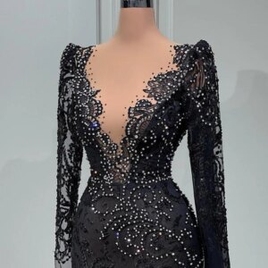Mermaid Black Lace Evening Dresses For Women 2024 V Neck Elegant Beading Crystal Vestido De Fiesta Wedding Party Gowns Formal