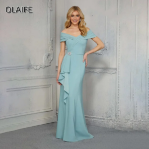 Customized Beaded Mother Of The Bride Dress Mermaid Off The Shoulder Ruffle Party Dress Short Sleeve Sweep Train فساتين طويلة