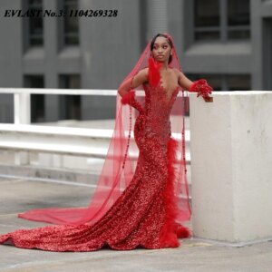 EVLAST Customized Red Sequins Prom Dress BlackGirl Feather Rhinestone Crystal Beaded Cape High Slit Party Gala Gown E3P264