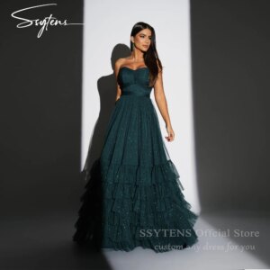 SSYTENS Shiny Long Prom Dresses Sweetheart Green Tulle Floor Length Wedding Party Gown Tiered Graduation Femme Evening Dress
