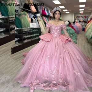 EVLAST Customized Luxury Pink Quinceanera Dress Ball Gown 3D Floral Applique Beading Corset Sweet 16 Vestido De 15 Anos E1Q228